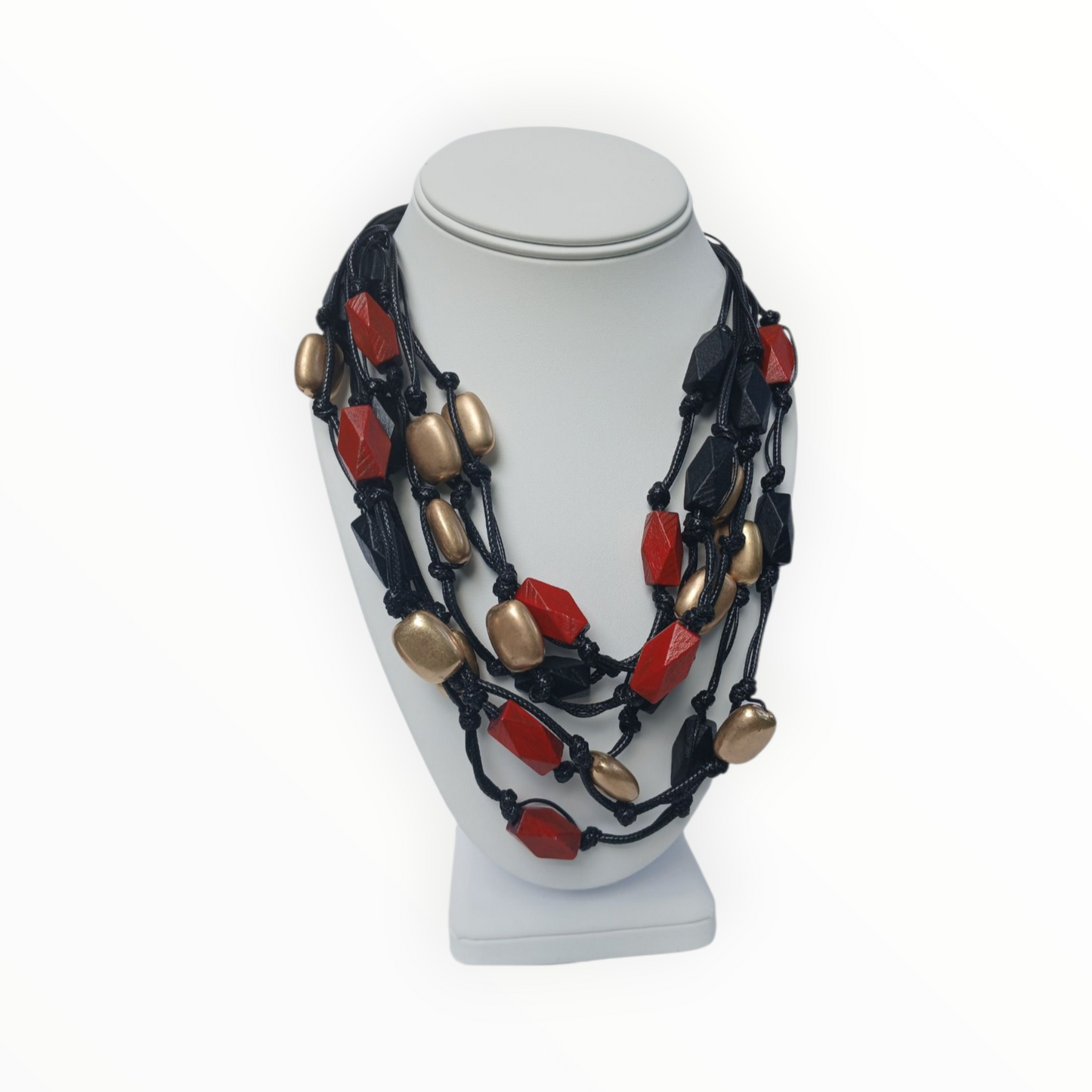 Boho Multi-Strand Wood Necklace with Gold Accents on Black Cord