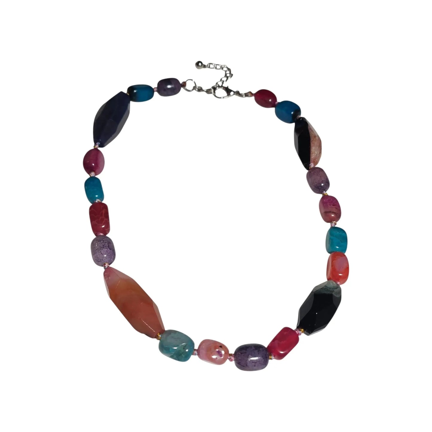 Chunky Multi-Color Agate Necklace handcrafted with vibrant natural agate stones in a bold statement design. This eye-catching jewelry piece combines colorful gemstones for a striking, boho-chic accessory perfect for casual wear, special occasions, or layering with other necklaces. Ideal as a thoughtful gift for women who love handmade statement jewelry, crystal healing properties, and artisan-crafted accessories that blend style, energy, and unique, colorful charm.