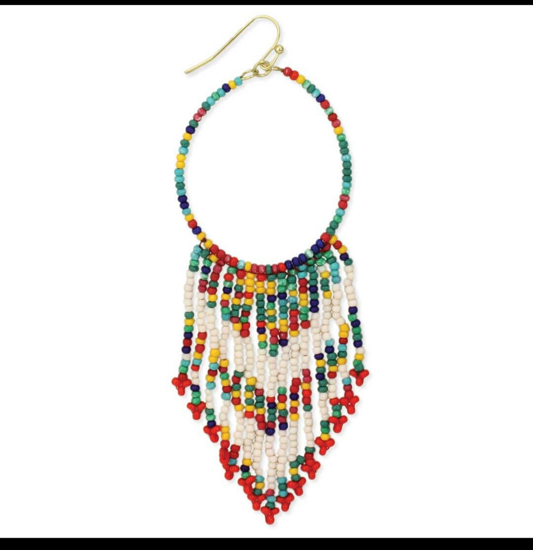 Multi Color Beaded Handmade Earrings for women featuring vibrant bohemian ethnic design with colorful crystals and tassels. These retro large hoop statement earrings combine intricate beadwork and bright hues for a bold, eye-catching accessory. Perfect for festivals, casual wear, or special occasions, these handmade earrings add a playful, artistic touch to any outfit. Ideal gift for women who love unique, colorful artisan jewelry with a boho vibe.