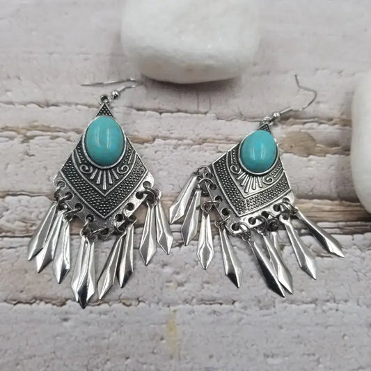 Handmade Natural Turquoise Tassel Diamond Alloy Earrings