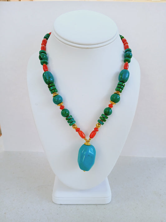 Magnesite, Turquoise and Coral Necklace