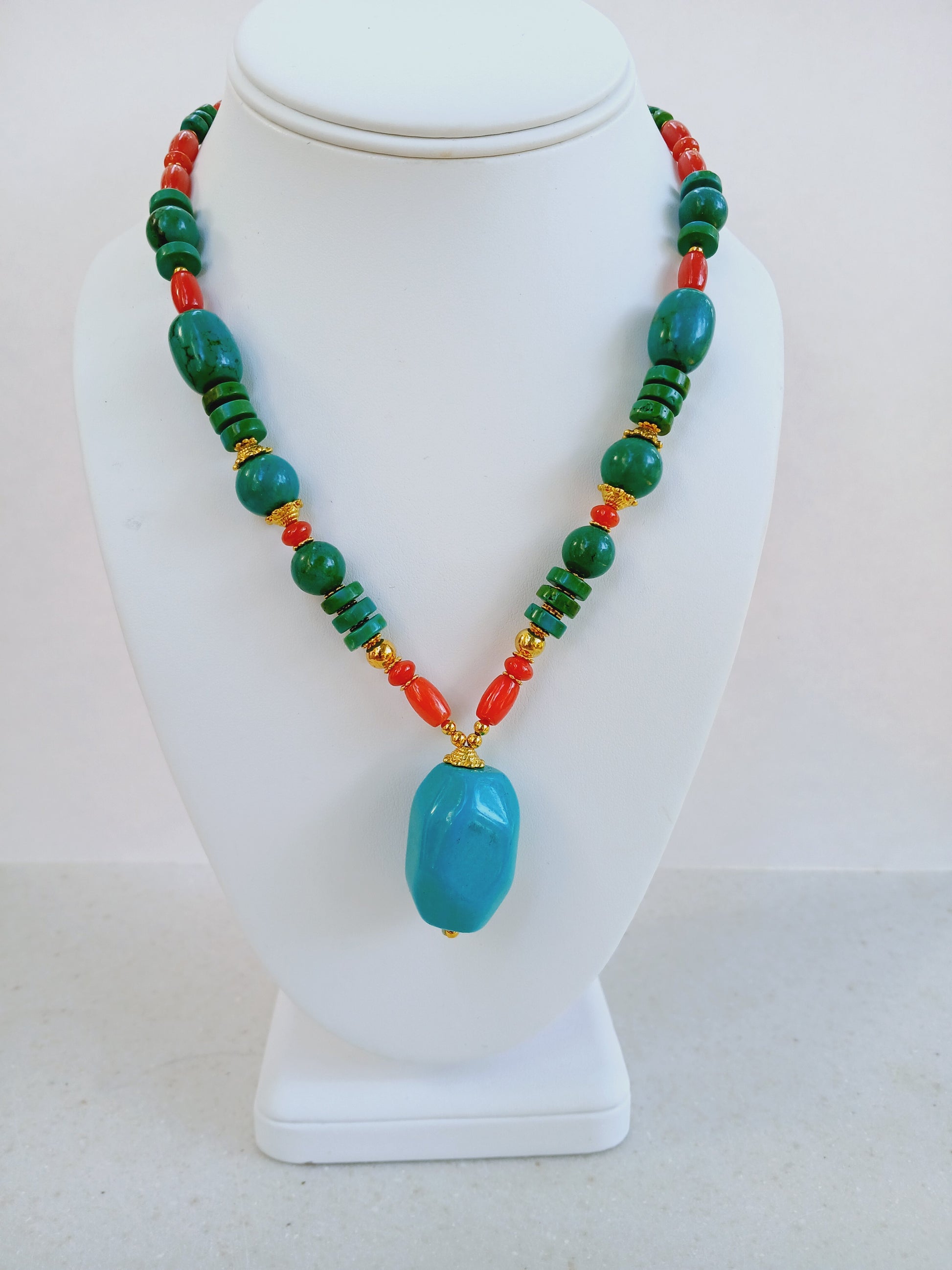 Magnesite, Turquoise and Coral Necklace