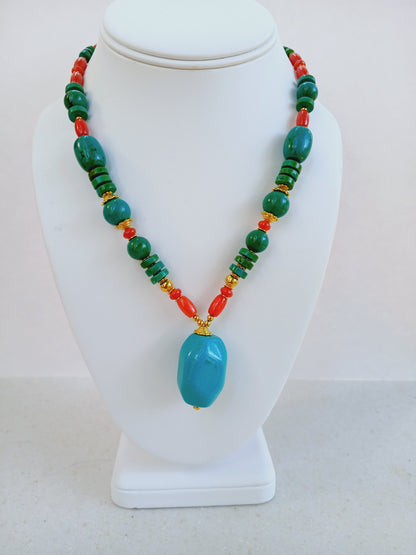 Magnesite, Turquoise and Coral Necklace