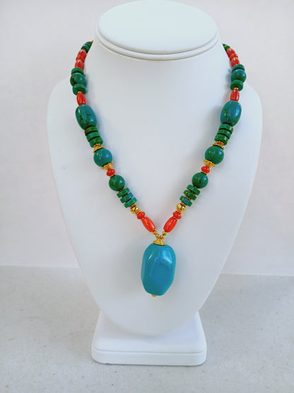 Magnesite, Turquoise and Coral Necklace