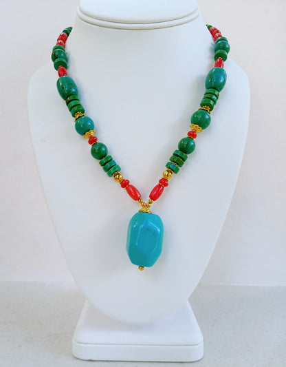 Magnesite, Turquoise and Coral Necklace