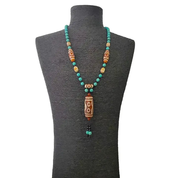 Turquoise & Howlite Beaded Painted Pendant Y-Necklace