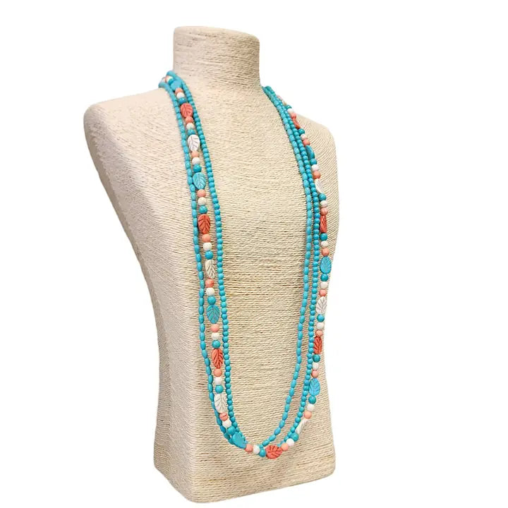 Turquoise Blue & Coral Orange Bead Triple Strand Necklace
