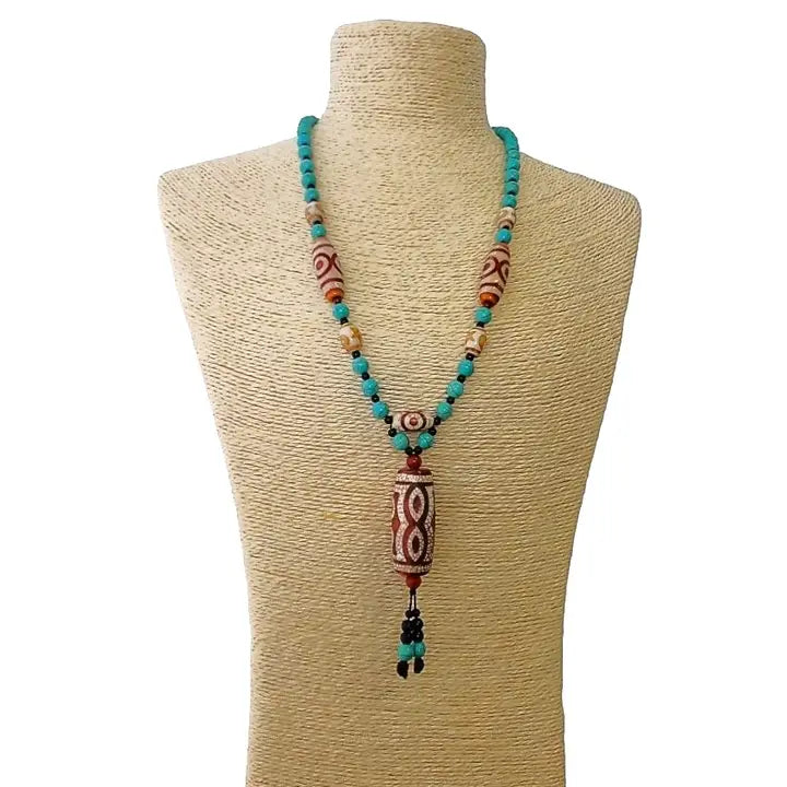 Turquoise & Howlite Beaded Painted Pendant Y-Necklace