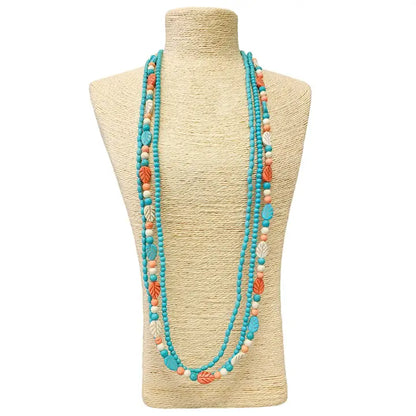 Turquoise Blue & Coral Orange Bead Triple Strand Necklace