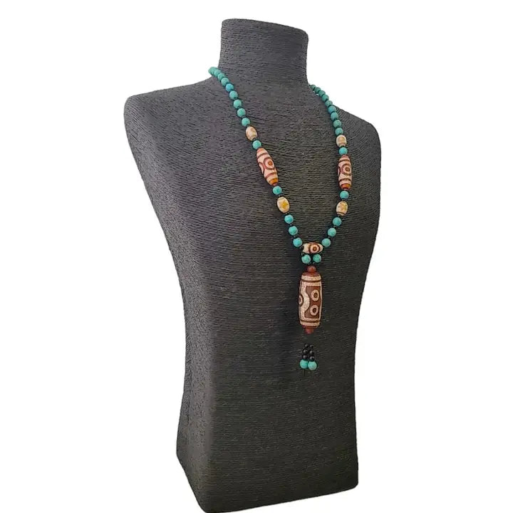 Turquoise & Howlite Beaded Painted Pendant Y-Necklace