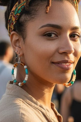 Multi-Color Hoop Earrings featuring vibrant handmade beads arranged in a boho style design, perfect for women who love colorful, trendy jewelry. These lightweight earrings are ideal for festivals, casual outings, or adding a playful touch to any outfit. Crafted with care, they offer comfortable wear and eye-catching appeal, making them a thoughtful gift for her. The bold mix of colors and intricate beadwork create a fun, artistic accessory that celebrates free-spirited, bohemian fashion.
