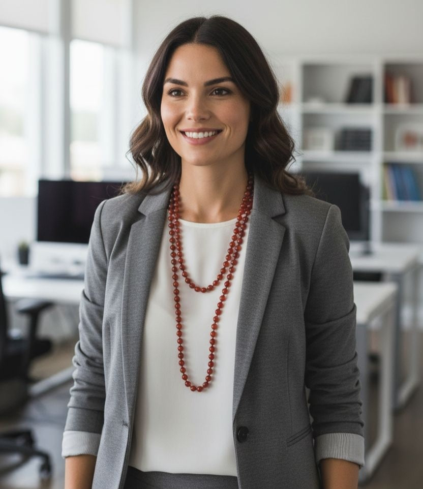 Carnelian Handmade Beaded Long Necklace featuring bold red agate beads crafted into a chunky statement piece for women. This boho layered necklace combines vibrant carnelian stones with artisanal beadwork, creating a unique accessory perfect for adding warmth and energy to any outfit. Lightweight and eye-catching, it makes a thoughtful gift for her, ideal for everyday wear or special occasions, blending natural beauty with handcrafted elegance.