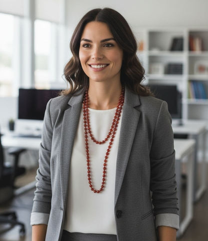 Carnelian Handmade Beaded Long Necklace featuring bold red agate beads crafted into a chunky statement piece for women. This boho layered necklace combines vibrant carnelian stones with artisanal beadwork, creating a unique accessory perfect for adding warmth and energy to any outfit. Lightweight and eye-catching, it makes a thoughtful gift for her, ideal for everyday wear or special occasions, blending natural beauty with handcrafted elegance.