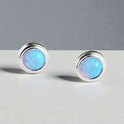 Sterling Silver Fire Opal Azure Blue Stud Earrings