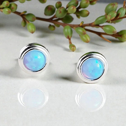 Sterling Silver Fire Opal Azure Blue Stud Earrings