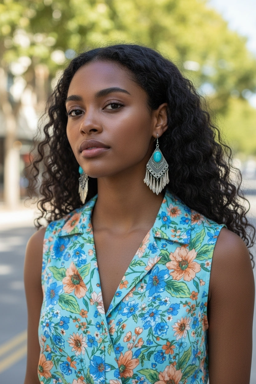 Handmade turquoise tassel earrings featuring natural stone beads and diamond alloy accents, perfect for women who love boho jewelry. These lightweight statement earrings combine vibrant turquoise hues with elegant tassel details for a unique and stylish look. Ideal for casual or dressy occasions, they add a pop of color and texture to any outfit. A beautiful accessory that blends natural elements with chic design, making it a perfect gift or everyday favorite.