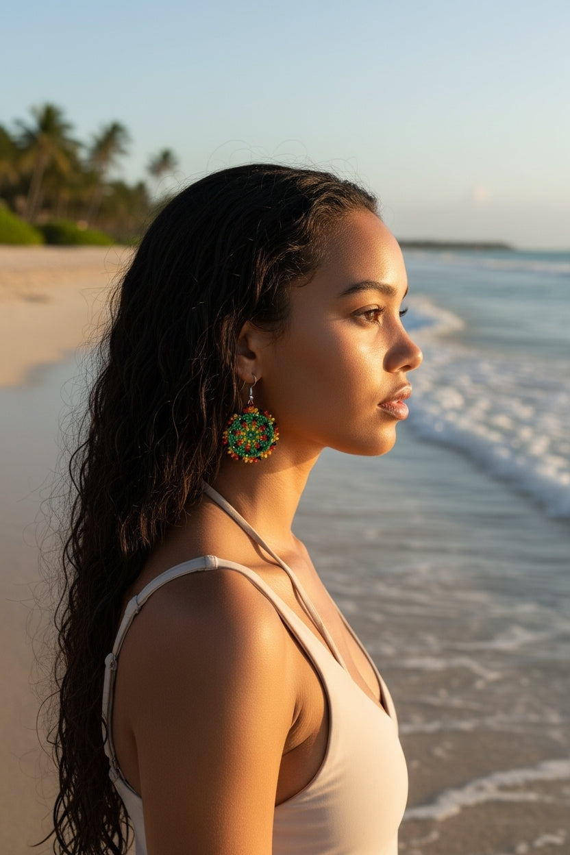 Green Handmade Beaded Earrings for women featuring intricate native-style beadwork in a bold boho design. These statement green medallion earrings showcase vibrant beads arranged in festival-inspired patterns, perfect for adding color and artistry to any outfit. Ideal gift for women who love unique, handcrafted jewelry with cultural flair. Lightweight and eye-catching, these earrings complement casual and dressy looks alike, making them perfect for festivals or everyday wear.