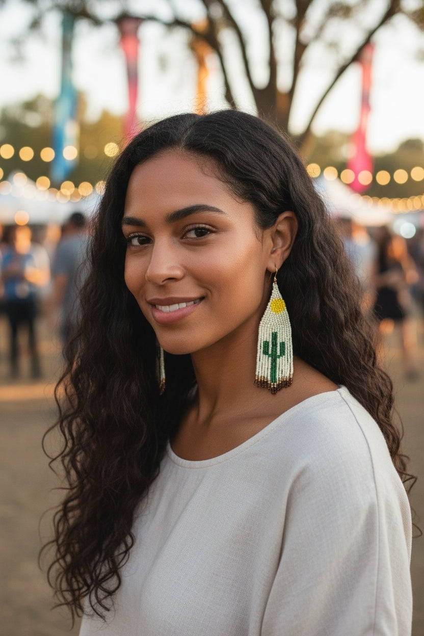 Cactus Earrings featuring Southwest-style glass beadwork with large tassels and fringe design, handmade statement jewelry for women. These colorful earrings showcase intricate bead patterns inspired by desert motifs, perfect for adding bold flair to boho or festival outfits. Lightweight and eye-catching, they make a thoughtful handmade gift for women who love unique, artisanal accessories with southwestern charm and vibrant style.