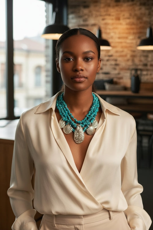 Turquoise Chip Gold Seashell Pendant Boho Necklace