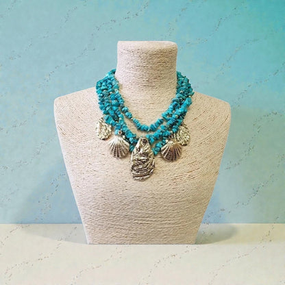 Turquoise Chip Gold Seashell Pendant Boho Necklace