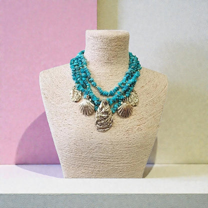 Turquoise Chip Gold Seashell Pendant Boho Necklace