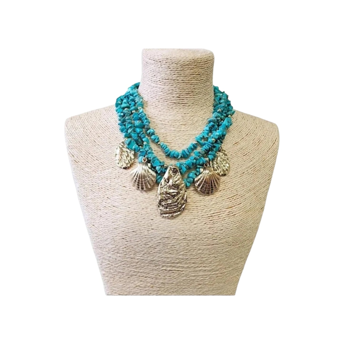Turquoise Chip Gold Seashell Pendant Boho Necklace