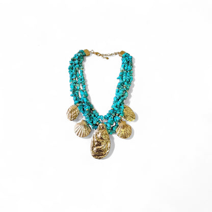 Turquoise Chip Gold Seashell Pendant Boho Necklace