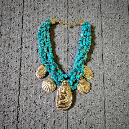Turquoise Chip Gold Seashell Pendant Boho Necklace