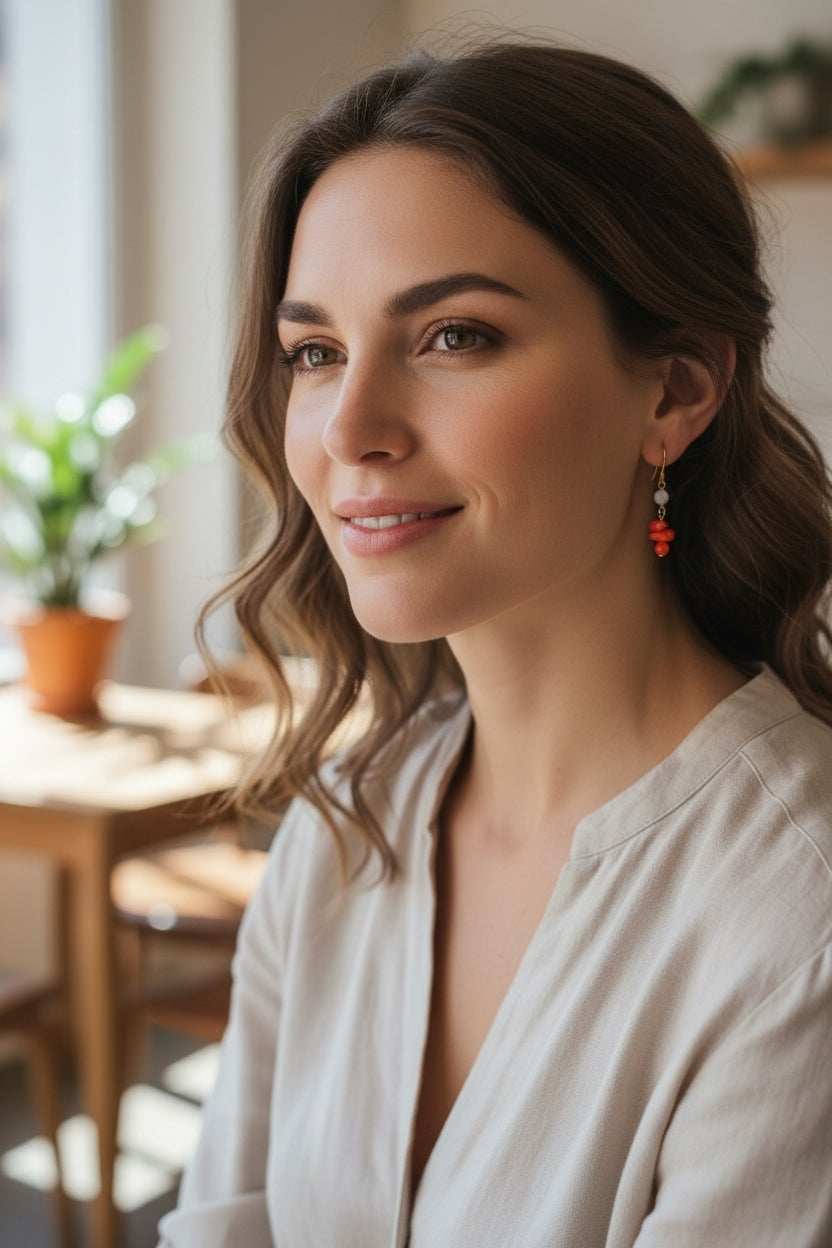 Handmade orange coral and pearl drop earrings featuring intricate beaded dangle design, perfect for women who love boho style jewelry. These statement earrings combine vibrant coral beads with elegant pearls, creating a unique accessory ideal for gifting or adding a pop of color to any outfit. Lightweight and comfortable, these coral jewelry earrings are perfect for casual or special occasions, making a bold fashion statement.
