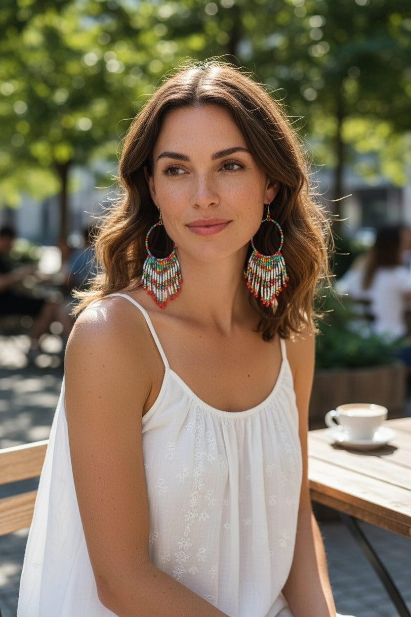 Multi Color Beaded Handmade Earrings for women featuring vibrant bohemian ethnic design with colorful crystals and tassels. These retro large hoop statement earrings combine intricate beadwork and bright hues for a bold, eye-catching accessory. Perfect for festivals, casual wear, or special occasions, these handmade earrings add a playful, artistic touch to any outfit. Ideal gift for women who love unique, colorful artisan jewelry with a boho vibe.