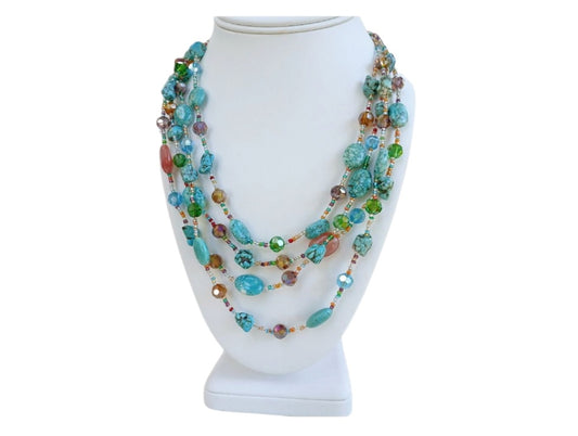 Multi-Strand Turquoise, Magnesite and Cherry Quartz Necklace