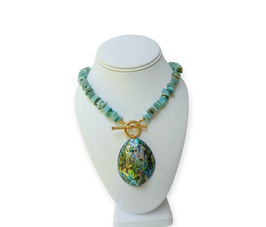 Sage Green Turquoise Chip & Abalone Peacock Seashell Pendant Necklace