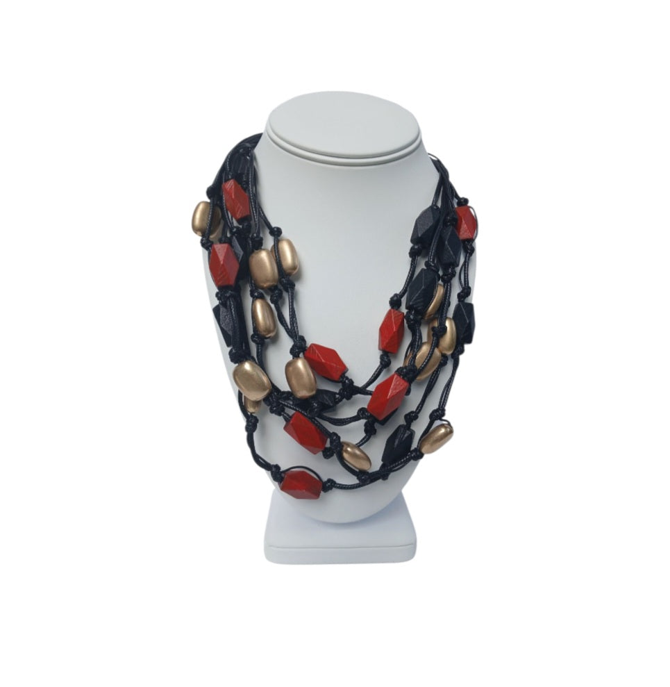 Boho Multi-Strand  Wood Necklace with Gold Accents on Black Cord
