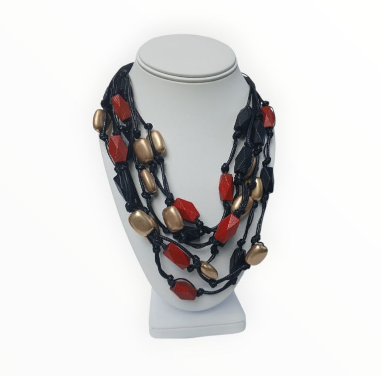 Boho Multi-Strand  Wood Necklace with Gold Accents on Black Cord
