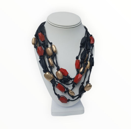 Boho Multi-Strand  Wood Necklace with Gold Accents on Black Cord
