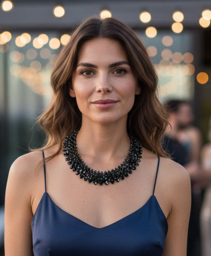 Black Crystal Handmade Necklace designed as a chunky statement piece with a bold, vintage-inspired look. This short choker-style necklace features faceted black crystals that catch the light beautifully, making it perfect for women who love dramatic, elegant jewelry. Ideal for evening wear, special events, or as a unique gift for her, this handcrafted piece adds a touch of gothic glamour and timeless sophistication to any outfit, blending classic style with modern artistry.