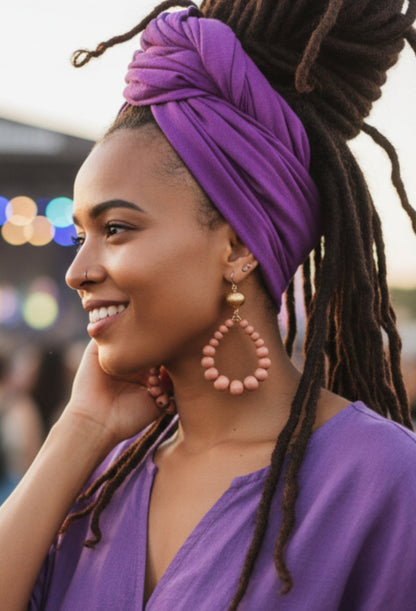 Peach resin teardrop earrings with a boho-inspired design, featuring lightweight wood bead dangles. Handmade earrings with warm, earthy tones, perfect for casual outfits, summer styles, or bohemian accessories.