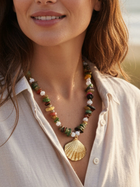 Multi-Stone with Gold Shell Pendant Necklace