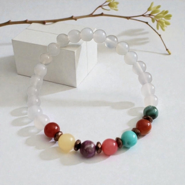 Handmade bracelet featuring opal, agate, and jade gemstones designed for chakra healing, balance, and positive energy. This crystal beaded jewelry piece blends natural beauty with spiritual meaning, making it a thoughtful gift for meditation lovers, yoga enthusiasts, or anyone seeking calm and harmony. Perfect for daily wear or special occasions, this healing stone bracelet offers a meaningful accessory that supports mindfulness, wellness, and personal intention.