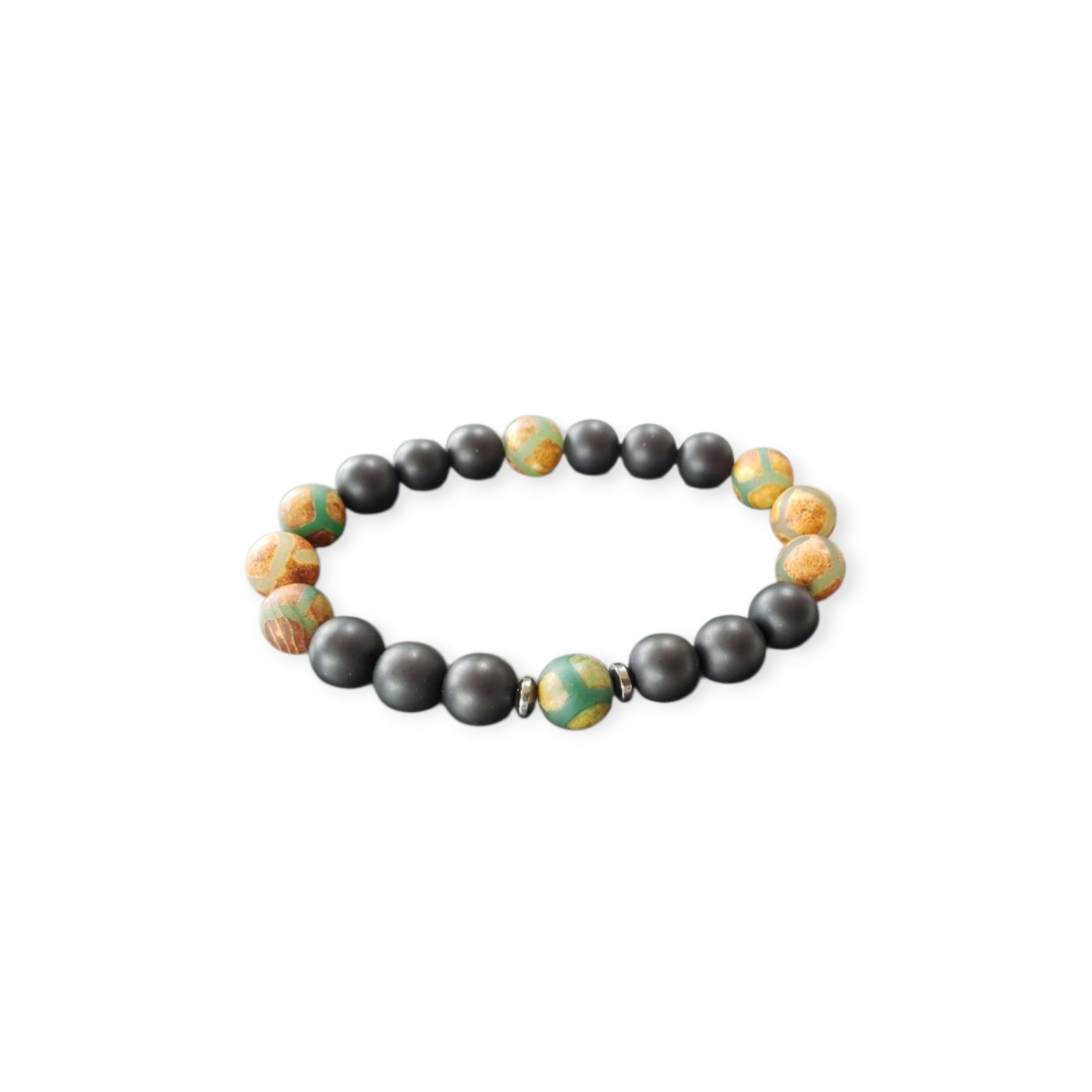 Handmade Tibetan-style black onyx and agate bracelet featuring healing gemstones known for their protective and grounding properties. This men’s lucky charm jewelry piece blends traditional craftsmanship with modern style, making it an ideal gift for him. Perfect for everyday wear or special occasions, the bracelet offers both spiritual benefits and a bold, masculine accessory that complements any outfit with its sleek black design.