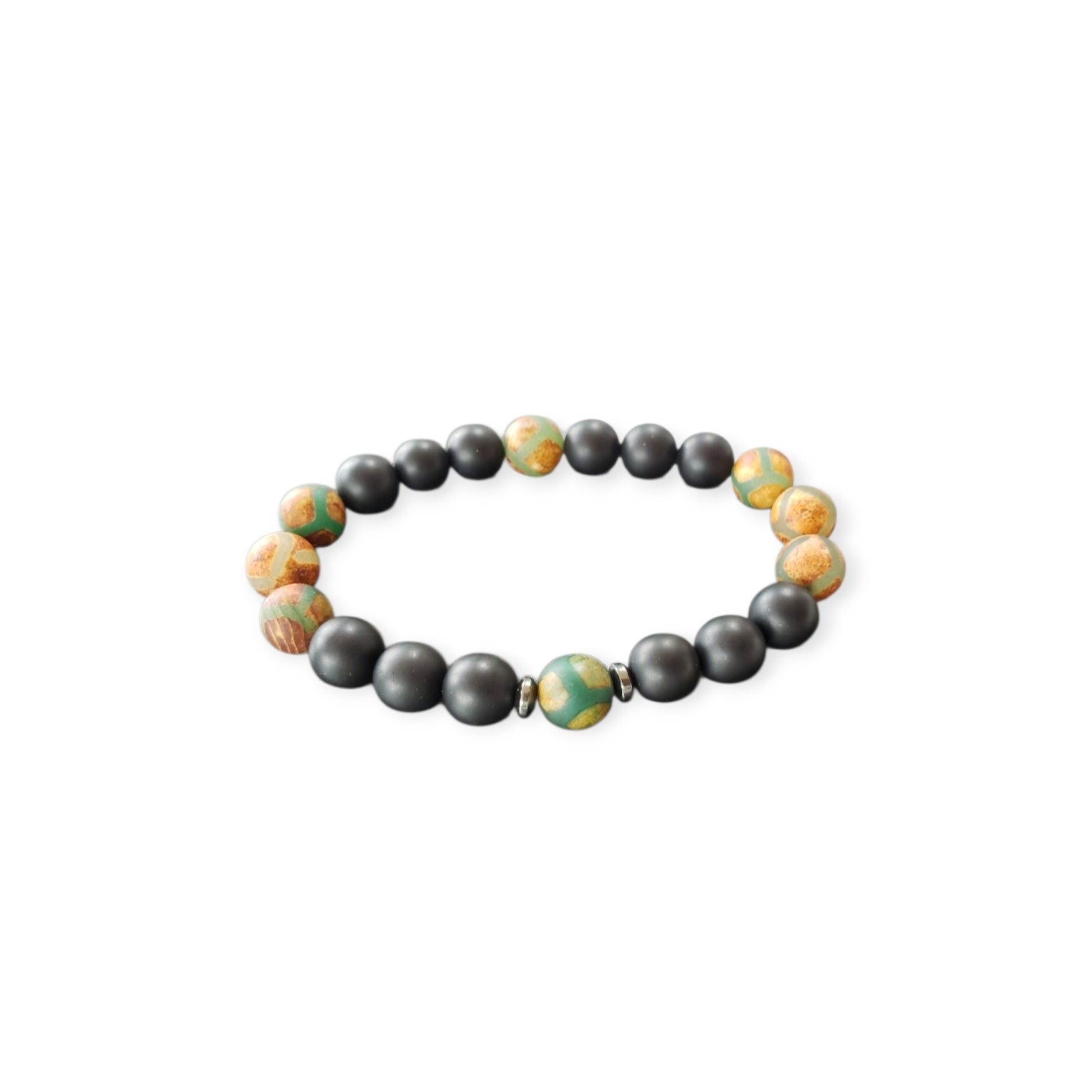 Handmade Tibetan-style black onyx and agate bracelet featuring healing gemstones known for their protective and grounding properties. This men’s lucky charm jewelry piece blends traditional craftsmanship with modern style, making it an ideal gift for him. Perfect for everyday wear or special occasions, the bracelet offers both spiritual benefits and a bold, masculine accessory that complements any outfit with its sleek black design.