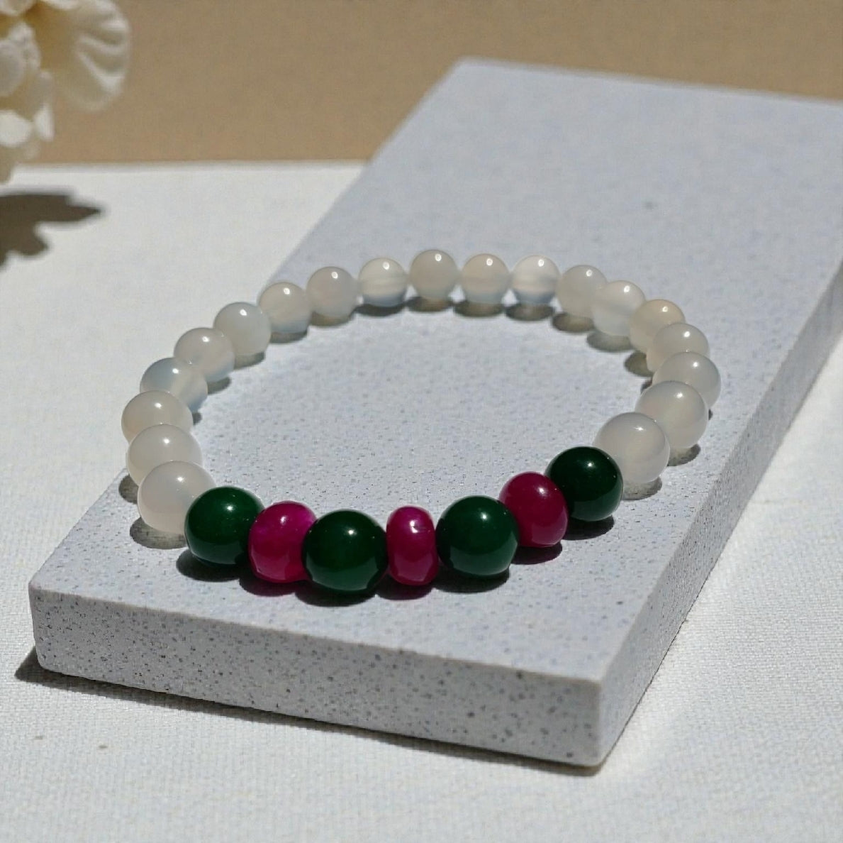 Natural White Opal and Jade Beaded Bracelet featuring 8mm stretch beads crafted for women who appreciate elegant, handmade jewelry. This lucky charm bracelet combines shimmering white opal with soothing jade stones, symbolizing balance, protection, and positive energy. Perfect gift for her on birthdays, anniversaries, or special occasions. A beautiful, versatile accessory that blends spiritual healing with stylish, artisanal craftsmanship.