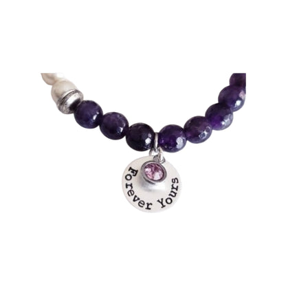 Amethyst Pearl  Sterling Silver “Forever Yours” Charm Bracelet