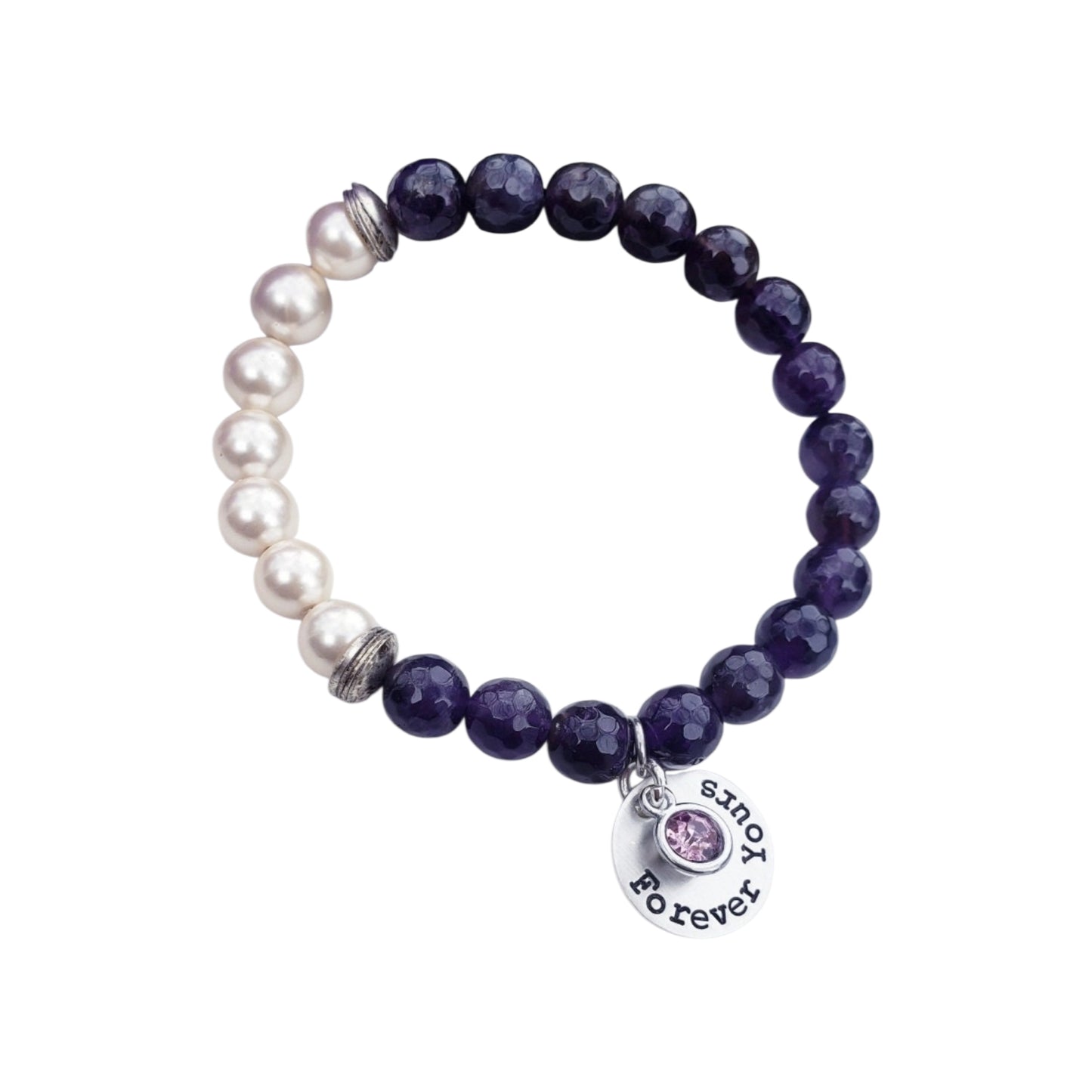 Amethyst Pearl  Sterling Silver “Forever Yours” Charm Bracelet