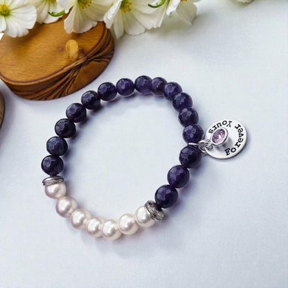 Amethyst Pearl  Sterling Silver “Forever Yours” Charm Bracelet