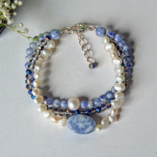 Sodalite Cultured Pearl Multi Strand Bracelet