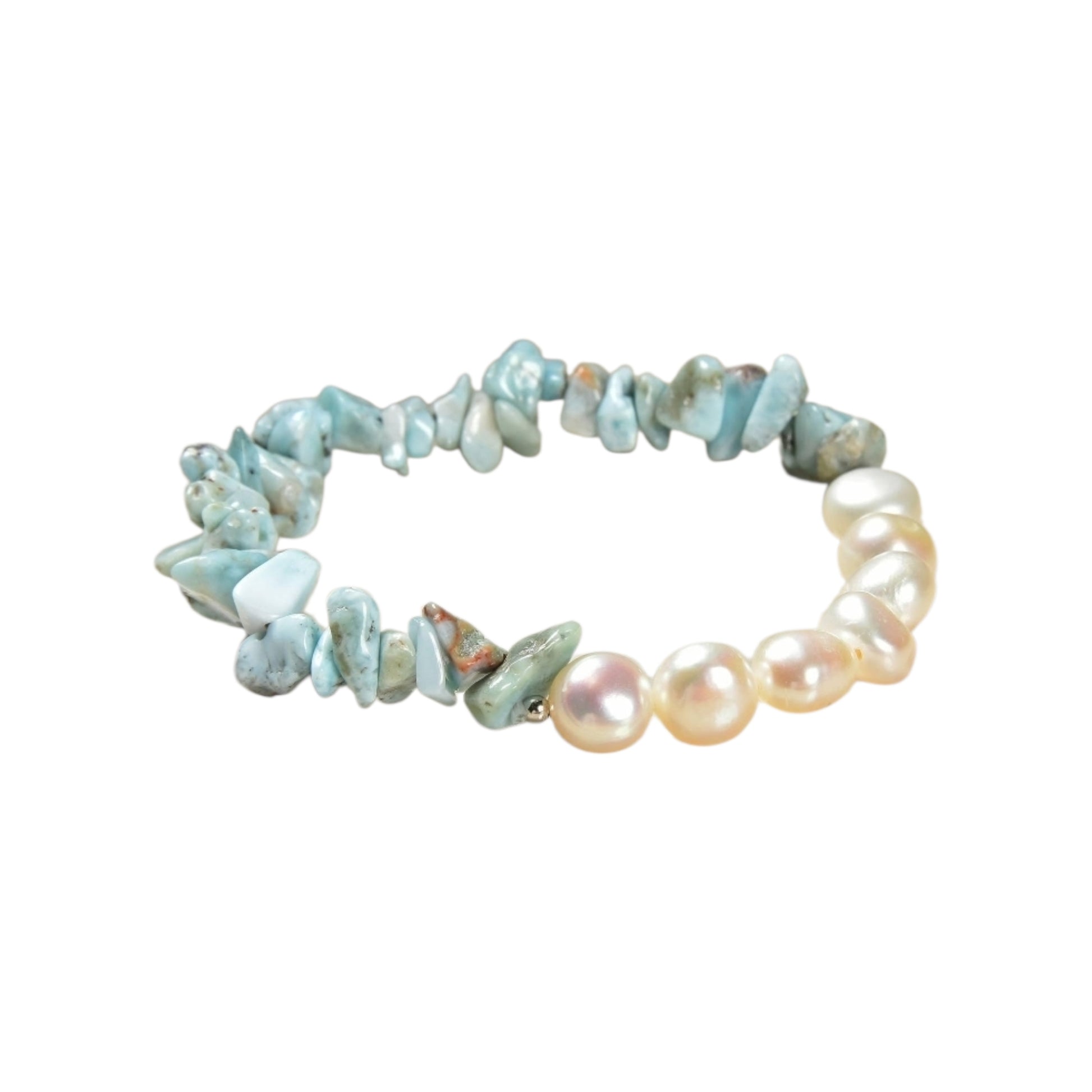 Larimar bracelet paired with cultured freshwater pearls, designed as a soft, tropical-inspired stretch bracelet for women. Featuring ocean blue larimar stones and luminous pearls, this handmade jewelry piece evokes beachside calm and coastal elegance. Perfect as a summer accessory, vacation jewelry, or thoughtful gift for birthdays, holidays, or beach lovers, this bracelet blends natural beauty, comfort, and effortless style for everyday wear or special occasions.