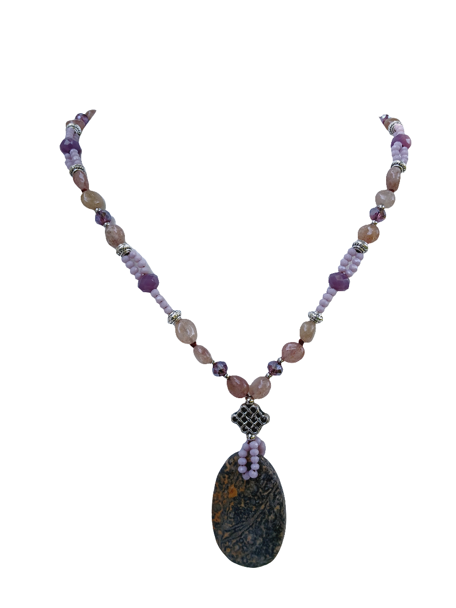 Jasper Necklace for women featuring purple amazonite and African turquoise beads, handcrafted to create a stunning boho healing jewelry piece. This crystal necklace combines natural stones known for their calming and protective properties, making it a thoughtful gift for her. Perfect for everyday wear or special occasions, it adds vibrant color and spiritual energy to any outfit. Stylish, unique, and full of positive vibes for mindful fashion lovers.