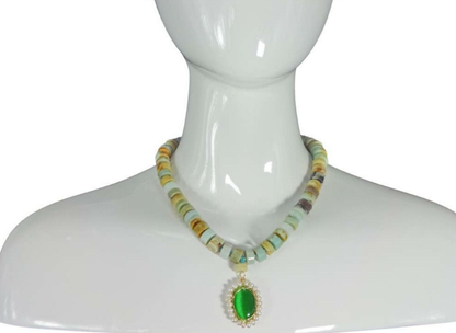 Amazonite Green Pendant Necklace featuring chunky freshwater pearl beads and natural amazonite gemstones in a bold statement design. This handcrafted necklace blends soothing green tones with lustrous pearls for a unique, eye-catching accessory. Perfect gift for women who love artisanal jewelry with a boho-chic vibe. Ideal for adding elegance and natural beauty to casual or formal outfits. Handmade jewelry combining style and positive energy.