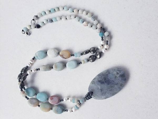 Amazonite and labradorite crystal necklace for women featuring a natural gemstone pendant with soothing tones and subtle shimmer. This handmade statement necklace blends calming amazonite with the iridescent glow of labradorite, offering both beauty and spiritual meaning. Perfect for boho or everyday wear, it makes a thoughtful gift for her. Crafted with care, this unique piece adds a touch of elegance and grounding energy to any jewelry collection